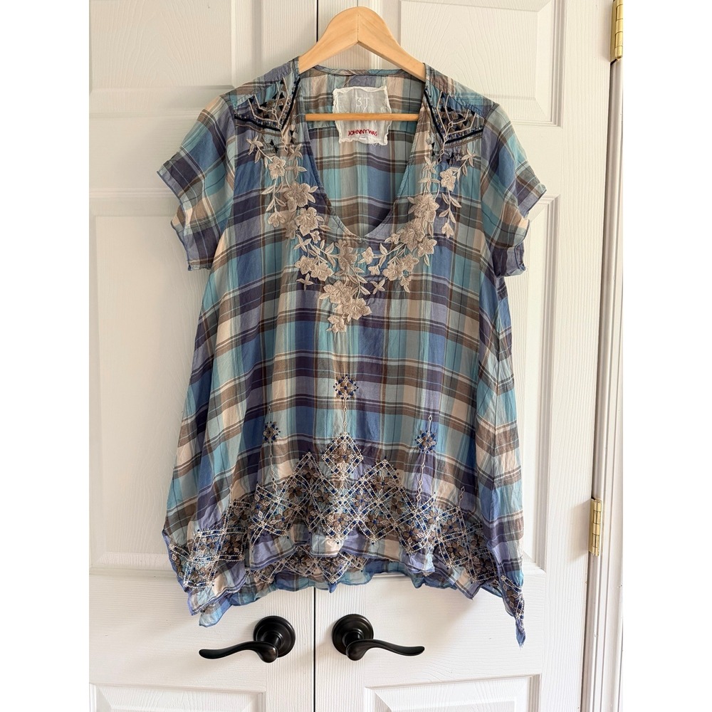 Johnny Was 3J Workshop Tunic Top Women's M Blue Plaid Embroidered Boho